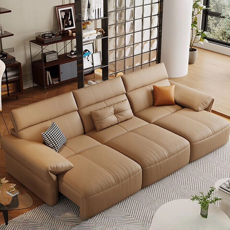 Tan leatherette 3-seater sofa cum bed with convertible sofa bed design, block arms