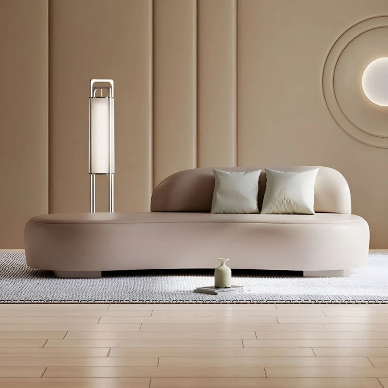 Kidney-shaped designer bench sofa with benches and ottomans in taupe faux leather