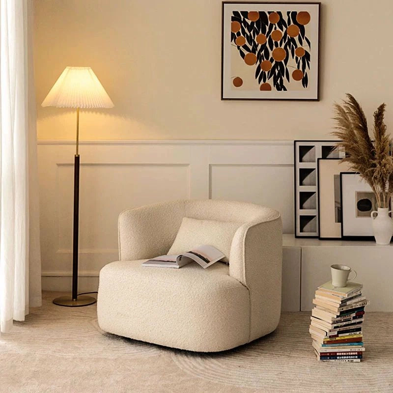 Rounded bouclé accent chair – lounge room chair, living room chair, ivory fabric