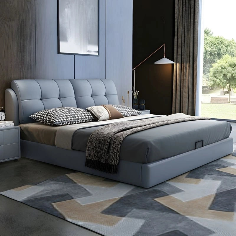 plush grid-stitched headboard | modern bed design + bed frame grey leatherette