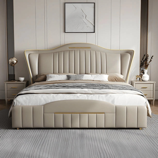 Wingback headboard with gold accent, modern bed design, bed frame, beige leatherette