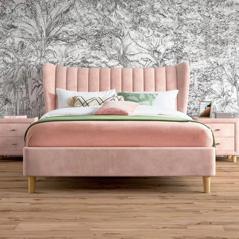 Blush pink velvet wingback bed modern bed design cot design upholstered frame fabric
