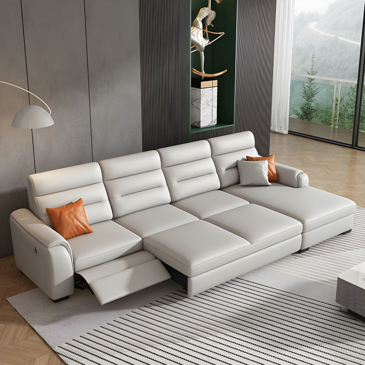 L shape sofa bed design with sleeper sofa style, off-white leatherette 5-seater