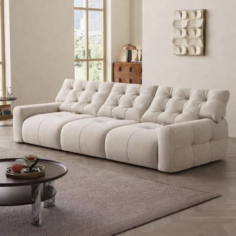 Calvyn Sofa Set with cloud-like tufted cushioning, premium beige fabric upholstery, rectangular 3 seater sofa design, luxury modular seating, lounge sofa comfort and modern home furniture styling