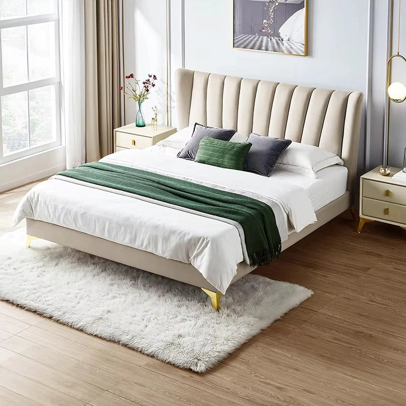 Dawn upholstered bed with queen size bed comfort, velvet wingback headboard, modern bed frame design and elegant master bedroom styling