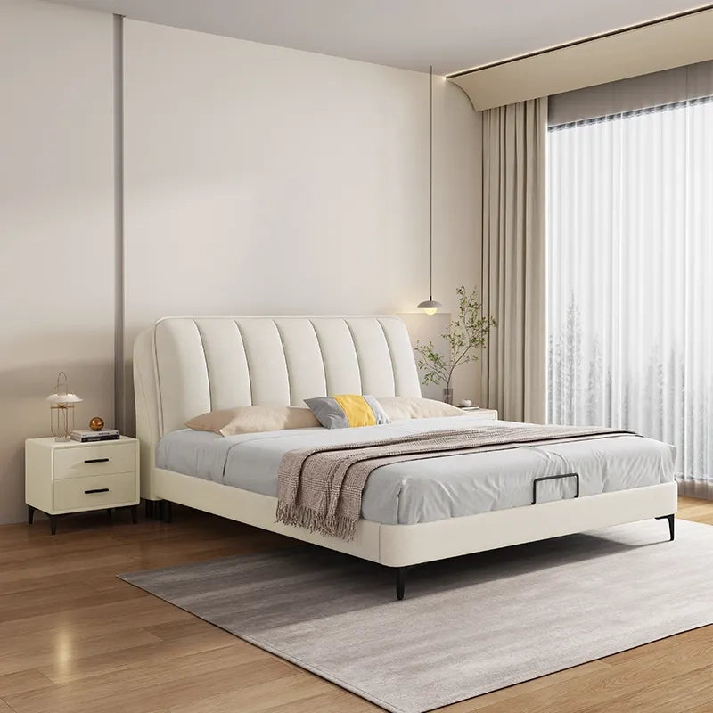 Elora upholstered bed featuring king size bed comfort, vertically channel tufted headboard, modern bed frame design and elegant master bedroom styling