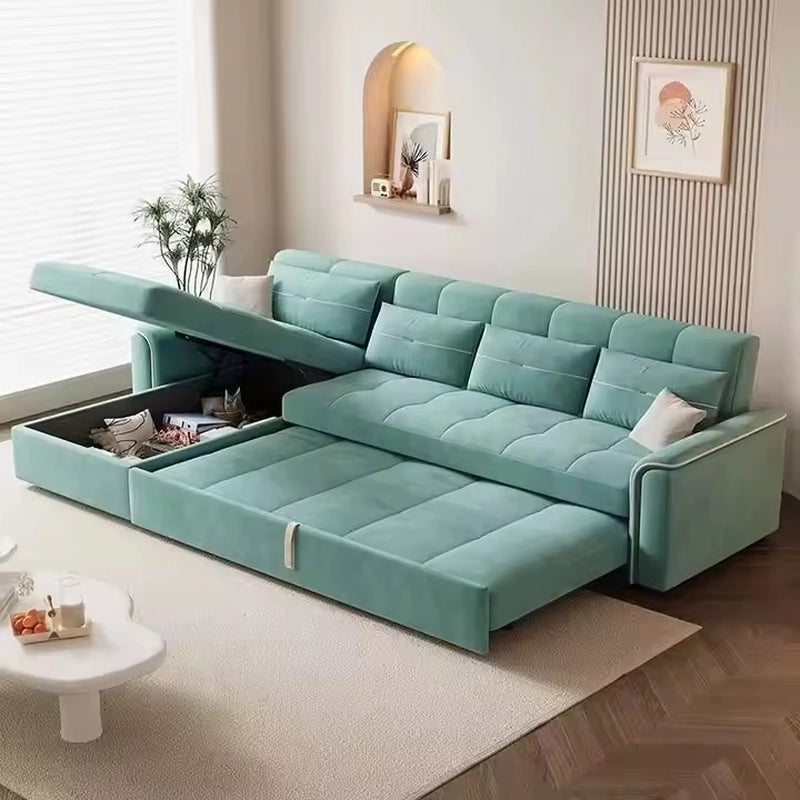 Front view of Equity sofa cum bed featuring pull out sofa bed mechanism, storage sofa cum bed design, L shape sofa cum bed layout, convertible sofa bed functionality, velvet upholstery and sleeper sofa comfort