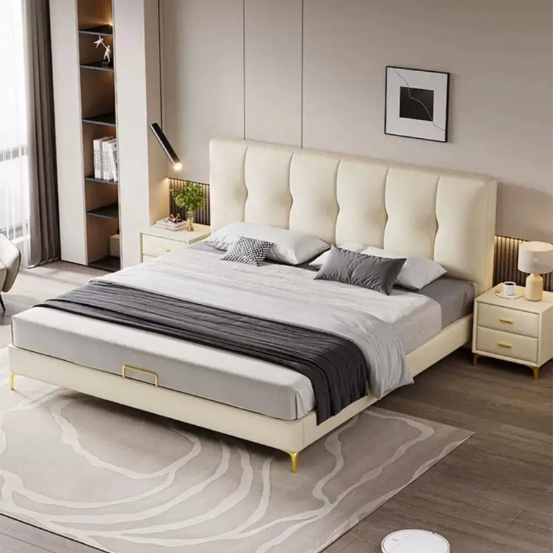 Freya upholstered bed with king size bed comfort, hydraulic storage bed functionality, tall channel tufted headboard and elegant master bedroom styling
