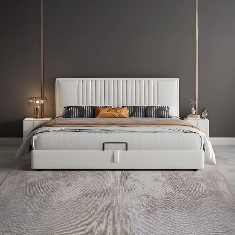 Lace upholstered bed with king size bed comfort, vertical channel tufted headboard, modern cot design and leatherette finish for master bedrooms