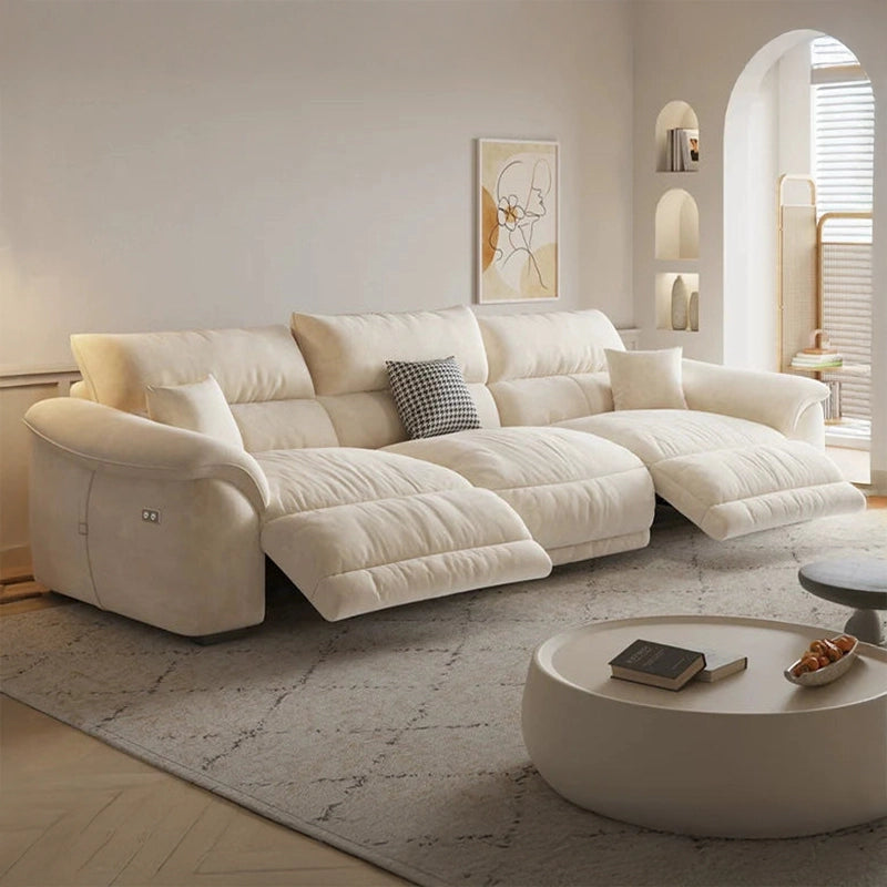 Front angle view of Nestor Recliner Sofa with dual electric recliners, L Shape Sofa Set layout, grey microfiber upholstery, corner sofa comfort, 5 seater sofa capacity and luxury lounge seating