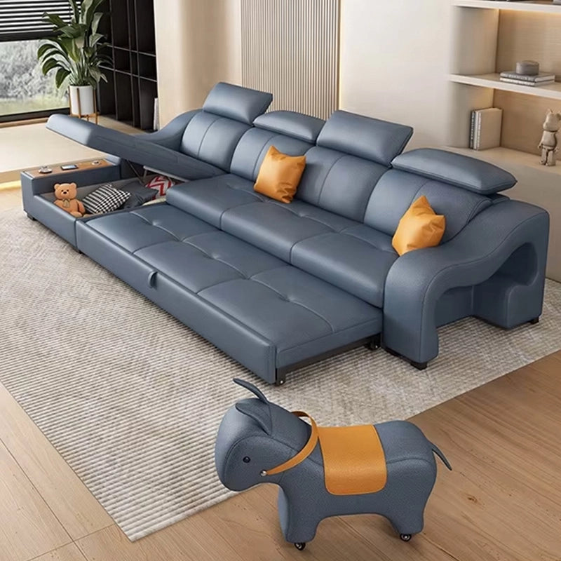 Nova Sofa Cumm Bed with sleek L-shaped design, adjustable headrests, convertible couch sleeper functionality, premium navy faux leather upholstery and spacious 4-seater comfort.
