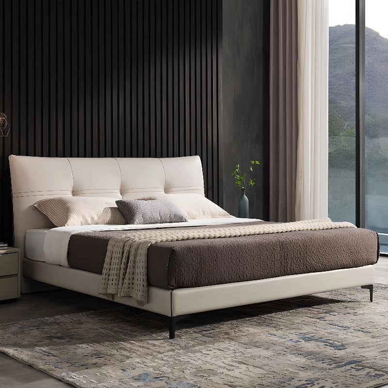 Nurture upholstered bed with king size bed comfort, stitched panel headboard and modern bed frame styling for master bedroom interiors