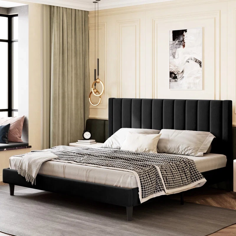 Quenric upholstered bed with king size bed comfort, vertical panel headboard, soft Nova fabric upholstery and modern bed design for master bedrooms