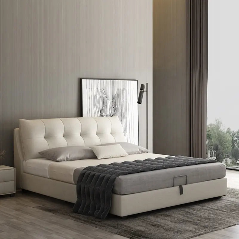 Riga upholstered bed with king size bed comfort, hydraulic storage bed functionality, tufted ergonomic headboard and modern bed frame design for master bedrooms