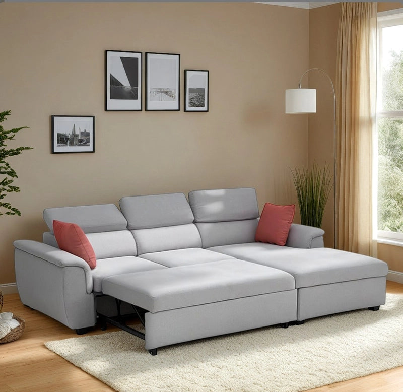 Front view of Sarnis sofa cum bed featuring sofa cumm bed functionality, sofacumbed versatility, convertible couch bed design, hidden storage chaise and modern grey upholstery