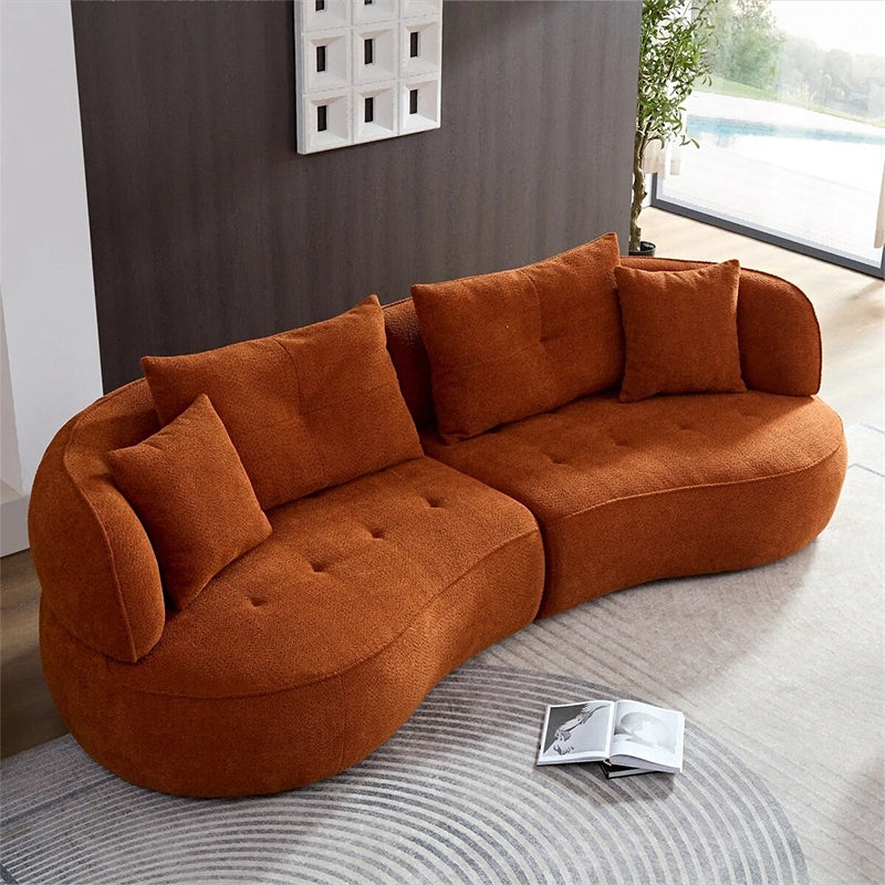Curved rust orange sofa with soft Front view of Selestial luxury sofa set featuring curved sofa design, fabric sofa upholstery, lounge sofa comfort, 3 seater sofa seating, modern sofa styling and elegant living room sofa appeal