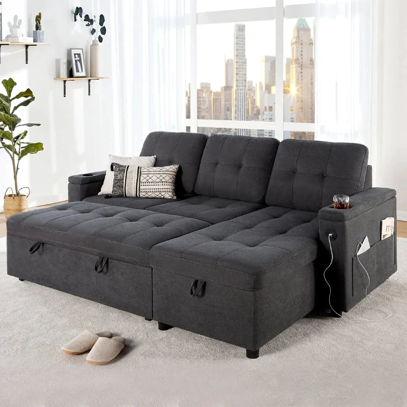 Front view of sofa cum bed featuring sofa cumm bed functionality, sofacumbed versatility, L shape sofa cum bed design, hidden storage compartment, USB charging port, side pockets and modern woven fabric upholstery