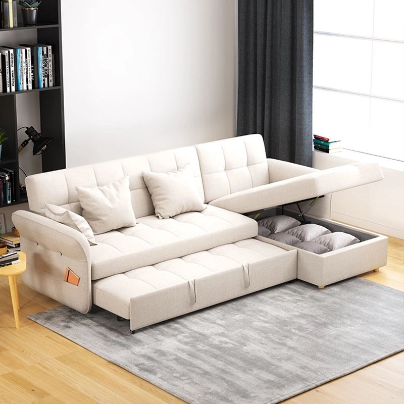 Front view of sofa cum bed featuring sofa cumm bed functionality, sofacumbed versatility, L shape sofa cum bed design, hidden storage chaise, pull out sofa bed mechanism and modern woven fabric upholstery
