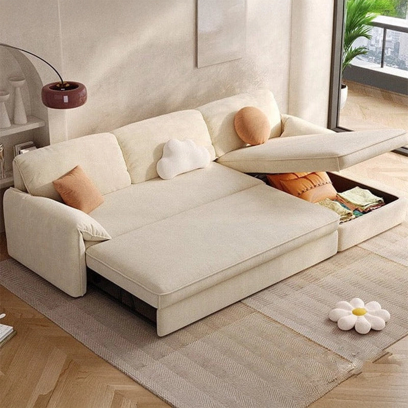 Front view of sofa cum bed featuring sofa cumm bed functionality, sofacumbed versatility, reversible L shape sofa cum bed design, hidden storage chaise, plush neutral fabric upholstery and modern living room comfort
