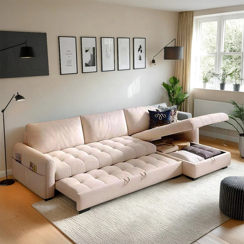 Front view of Vesper sofa cum bed featuring sofa cumm bed functionality, sofacumbed versatility, L shape sofa cum bed design, hidden storage chaise, tufted seating and modern compact living room styling