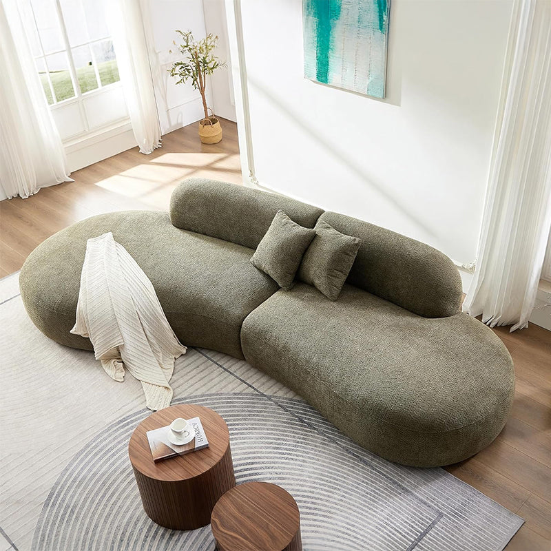 Front view of Sonnet luxury sofa in green bouclé fabric upholstery featuring luxury couch comfort, lounge sofa styling, modern sofa design, living room sofa elegance and organic curved silhouette