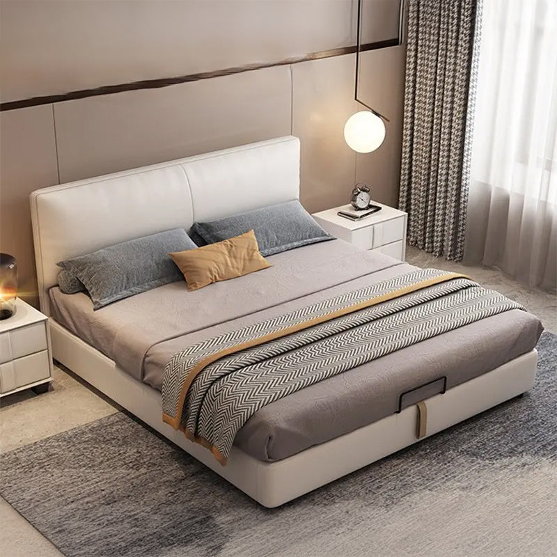 Upholstered bed with hydraulic storage bed functionality, bed with storage design, king size bed and queen size bed compatibility, featuring a tall upholstered headboard and hidden storage compartment