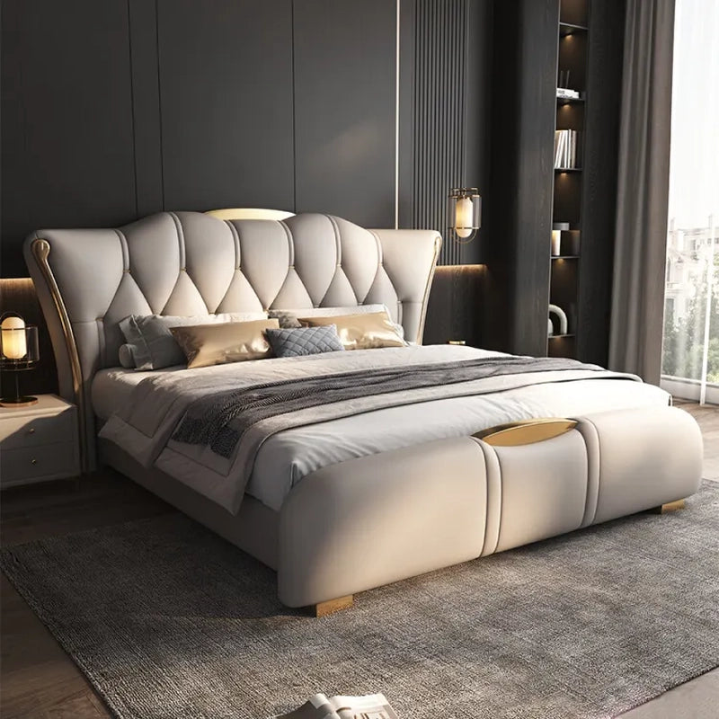 Verona upholstered bed with king size bed comfort, diamond tufted wingback headboard, gold accents and modern bed frame styling for master bedrooms
