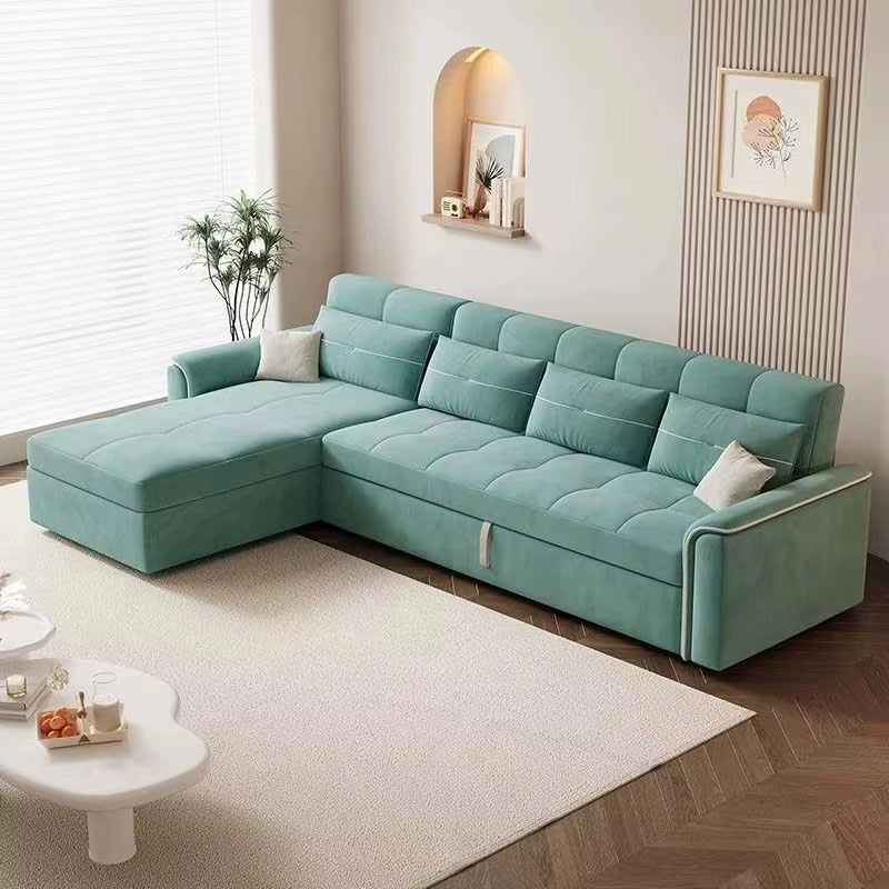 Left angle view of Equity sofa bed and sofacumbed with pull out sofa bed conversion, hidden storage chaise, L shape sofa cum bed configuration and modern velvet finish