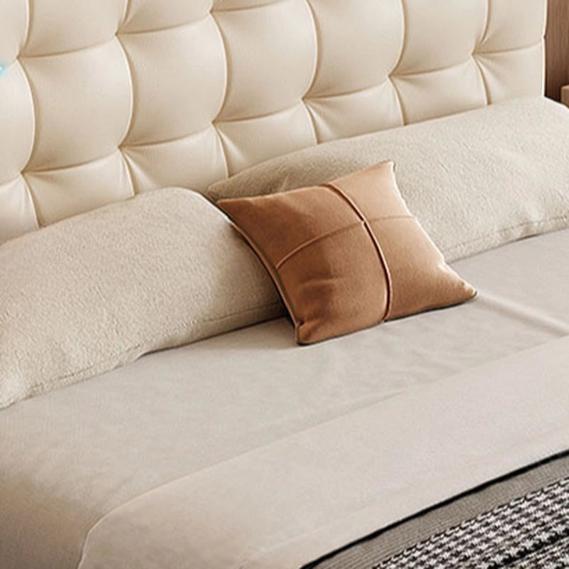 King size upholstered bed featuring hydraulic bed storage, cream PU leatherette finish, grid-tufted headboard and modern bed frame design