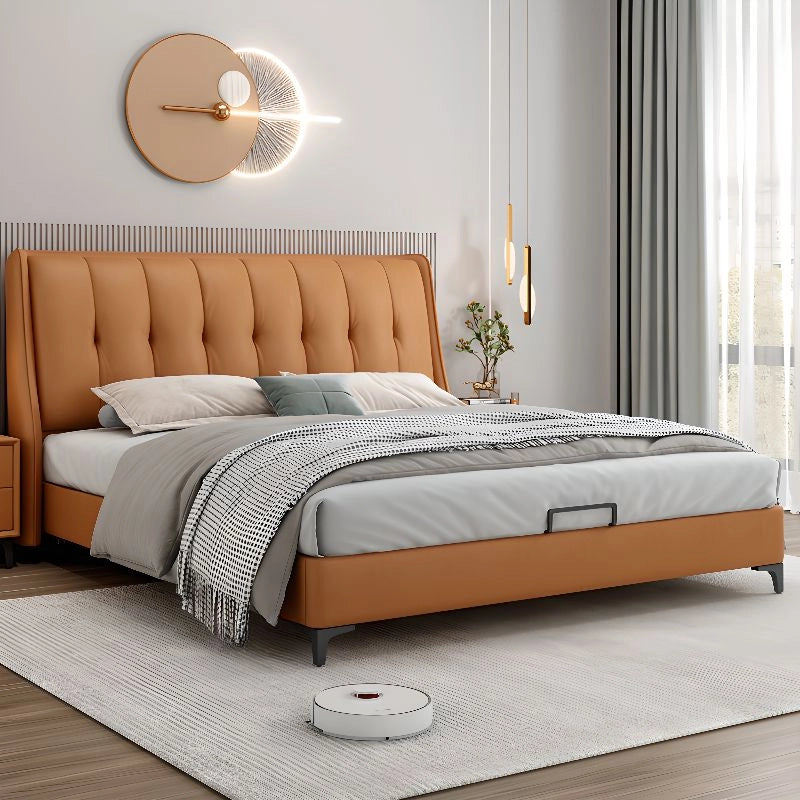 King size upholstered bed featuring hydraulic bed storage, wingback headboard design, faux leather upholstery and modern bed frame appeal