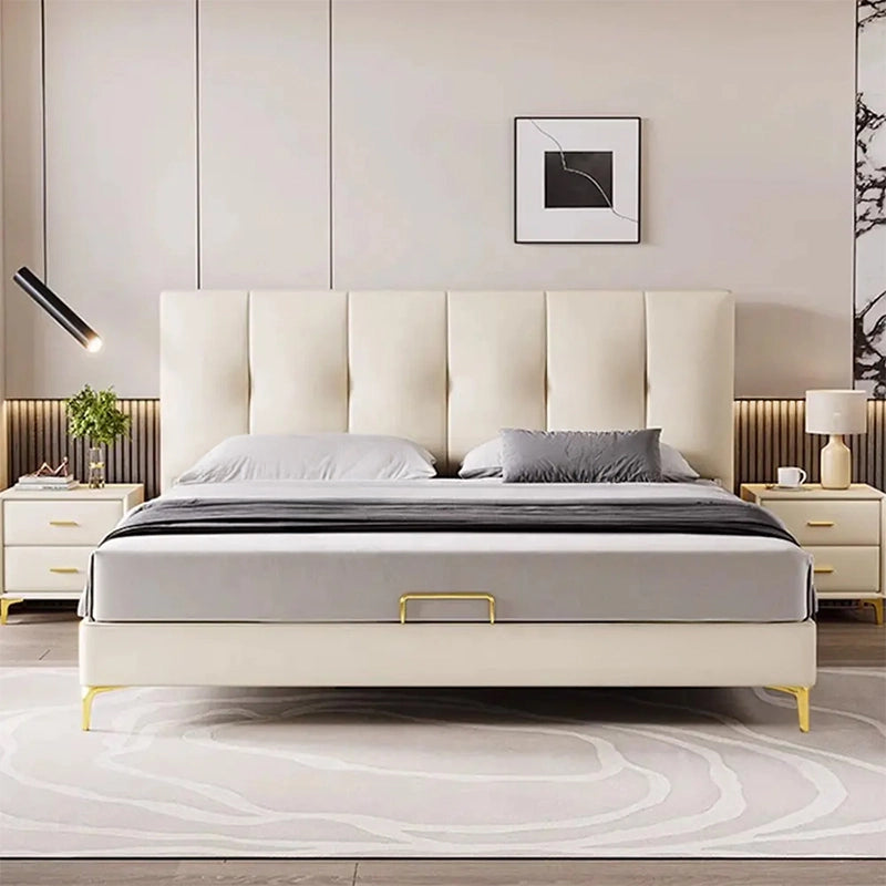 King size upholstered bed featuring hydraulic bed storage, vertical channel tufted headboard, leatherette upholstery and modern bed frame design