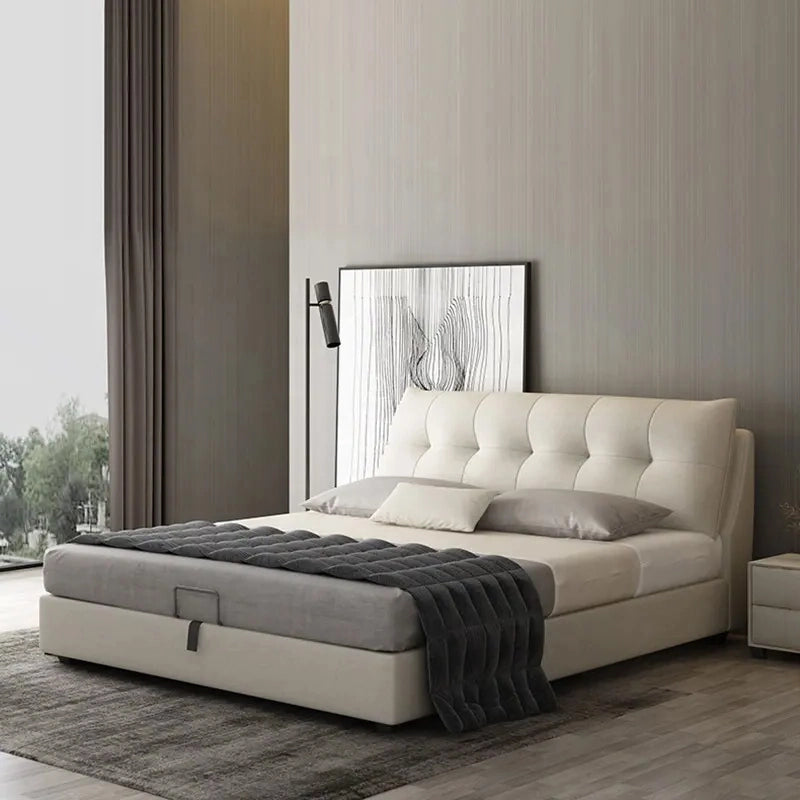 King size upholstered bed featuring hydraulic storage bed convenience, premium leatherette upholstery, vertical panel detailing and contemporary master bedroom styling