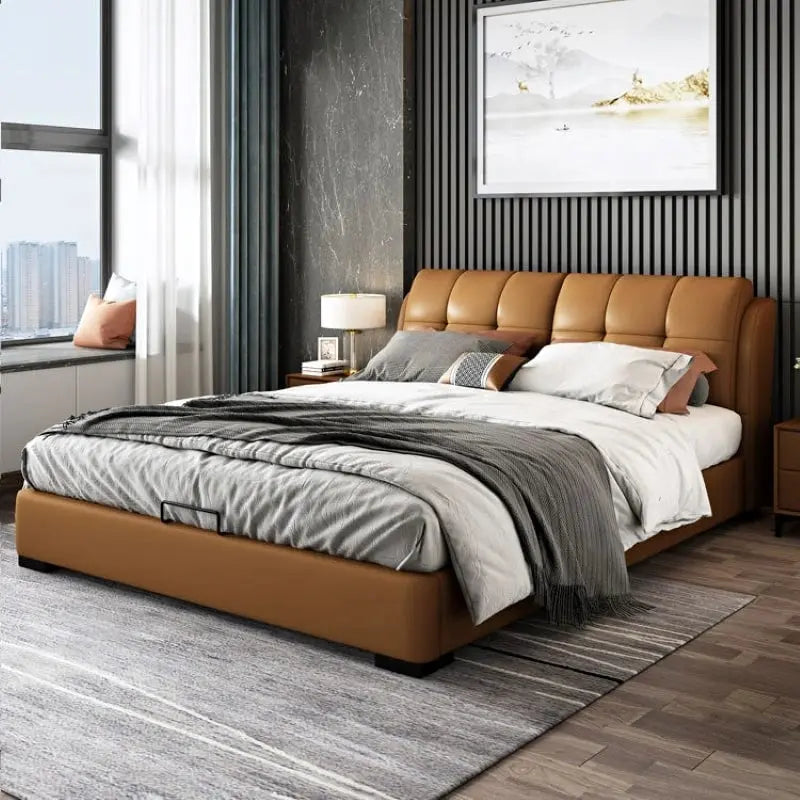 King size upholstered bed featuring premium leatherette finish, grid stitched headboard and contemporary modern bed frame design for master bedrooms