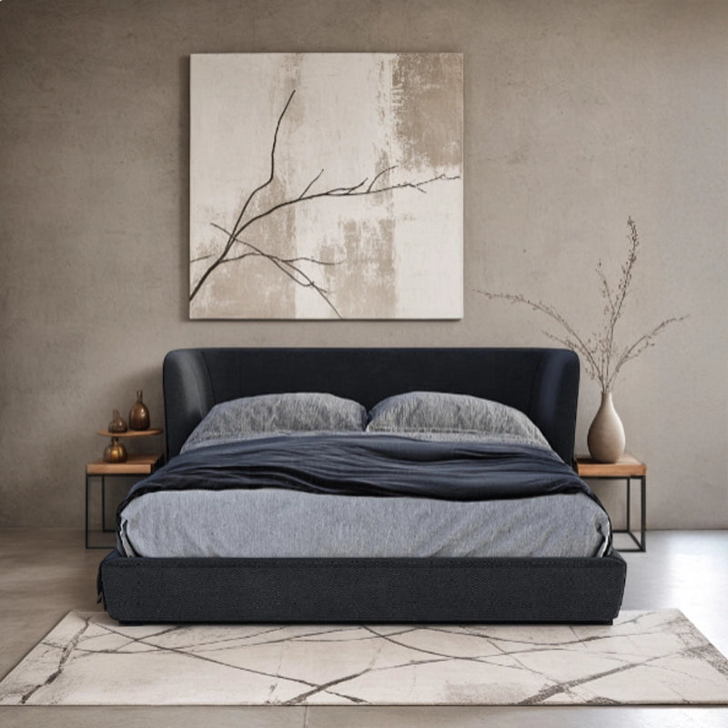 King size upholstered bed with luxury upholstered bed appeal, wingback headboard, soft fabric finish and contemporary modern bed frame design