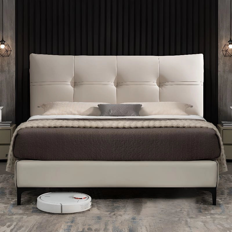 King size upholstered bed featuring an ergonomically padded headboard, clean-lined upholstery and contemporary modern bed frame design