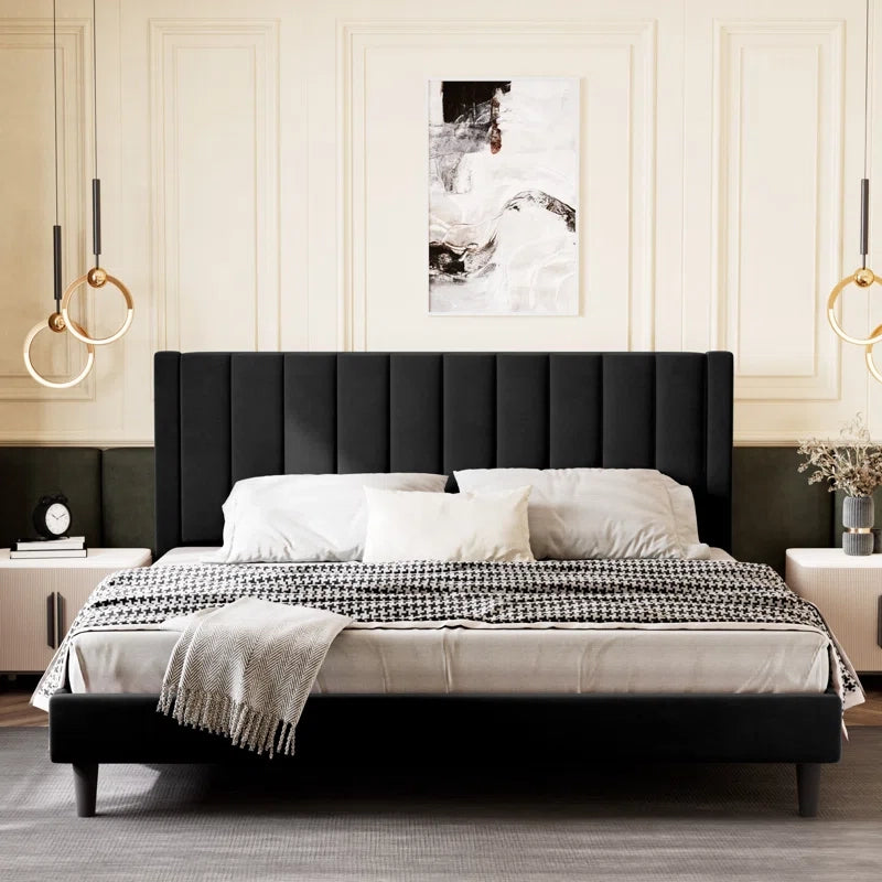 King size upholstered bed featuring a vertical stitched headboard, premium fabric upholstery and contemporary modern bed frame styling