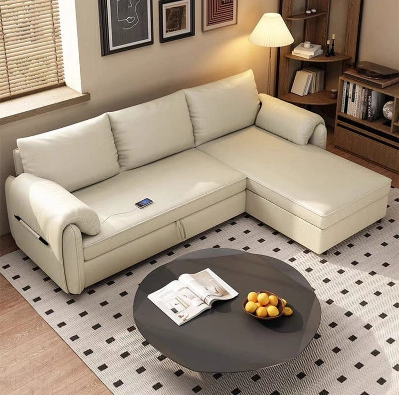 Left angle view of Merinor L shape sofa cum bed with pull out sofa bed mechanism, couch bed functionality and hidden storage chaise compartment