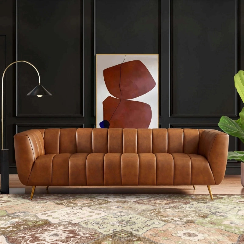 Full front view of Sabryn leather sofa set with luxury sofa set aesthetics, leather couch comfort, vertical tufted backrest, modern living room sofa styling and spacious 3 seater sofa seating
