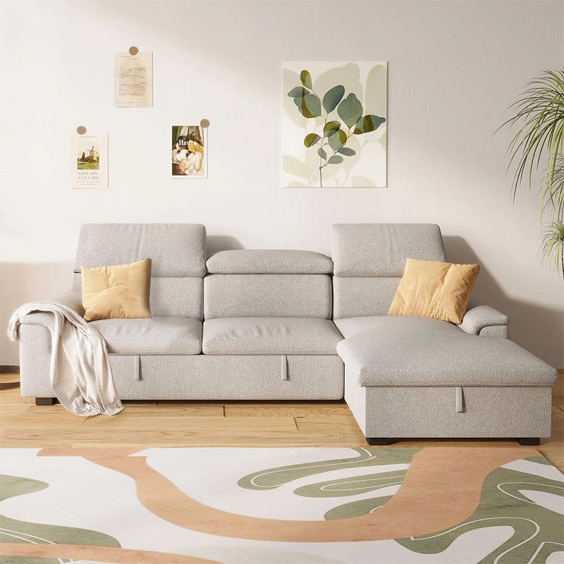 Left angle view of Sarnis L shape sofa cum bed with pull out sofa bed mechanism, storage sofa cum bed functionality and adjustable headrests