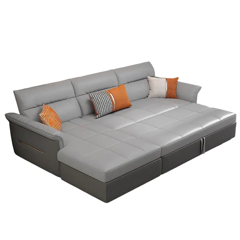 Left angle view of Silvorn L shape sofa cum bed with storage sofa cum bed functionality, pull out sofa bed conversion, hidden chaise storage and faux leather finish