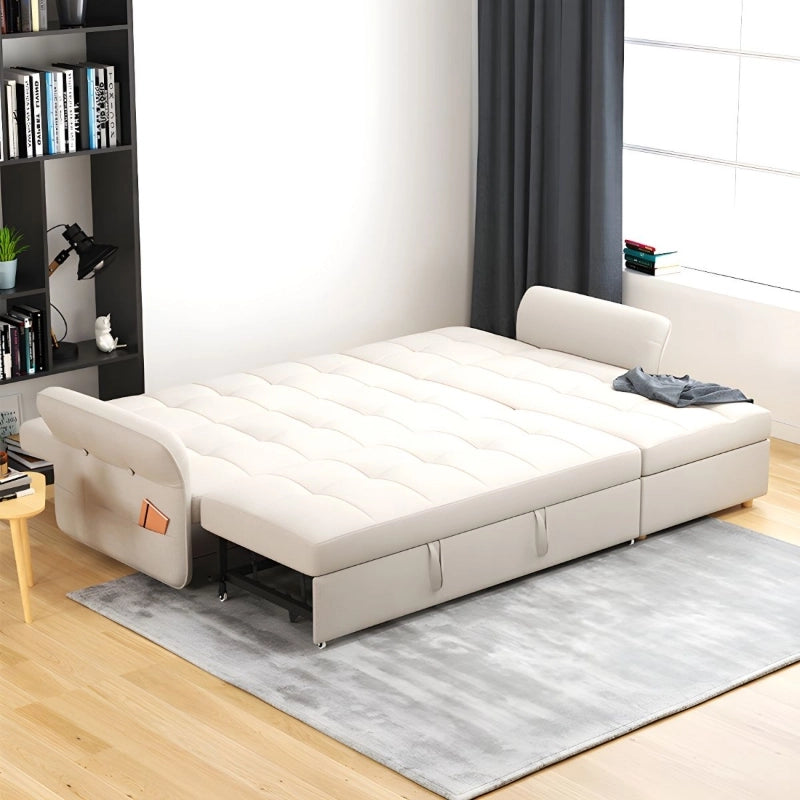 Left angle view of sofa cum bed with L shape sofa cum bed layout, storage sofa cum bed functionality, integrated chaise and medium firm cushioned comfort