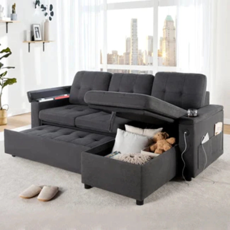 Left angle view of sofa cum bed with pull out sofa bed mechanism, storage sofa cum bed functionality, integrated chaise storage and comfortable tufted seating