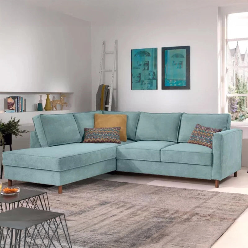 Left angle view of Thalor sofa cumm bed with L shape sofa cum bed layout, pull out sofa bed mechanism, tufted seating and soft velvet fabric upholstery