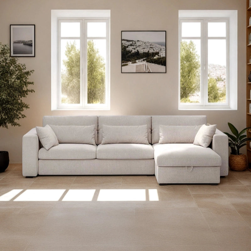 Left angle view of Terenza reversible sofa cum bed with L shape sofa cum bed layout, pull out sofa bed mechanism and supportive cushioned seating