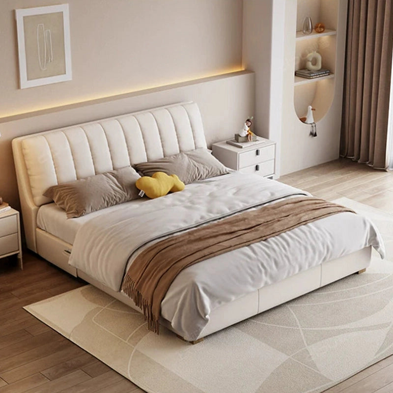 King size upholstered bed with storage drawers, vertical channel tufted headboard, premium fabric upholstery and contemporary bedroom styling