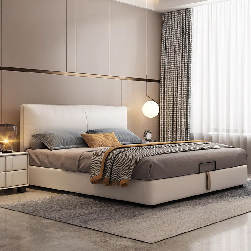 King size upholstered bed with hydraulic bed storage, bed cot with storage functionality and premium fabric upholstery in a contemporary bedroom setting