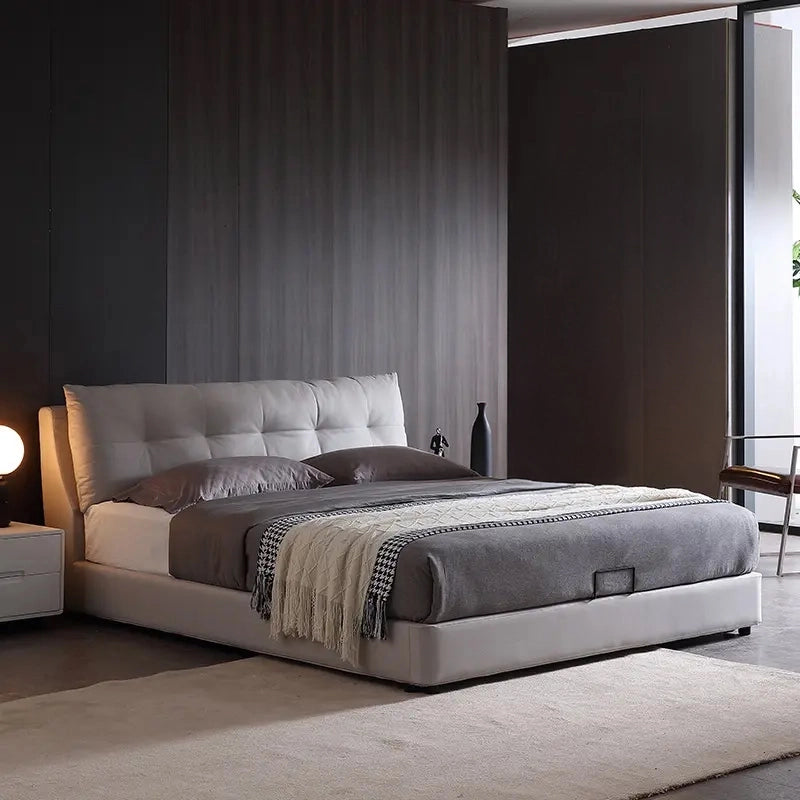 Riga bed for king size mattress with upholstered bed construction, bed cot with storage functionality, hydraulic lift system and sleek modern bed frame appeal