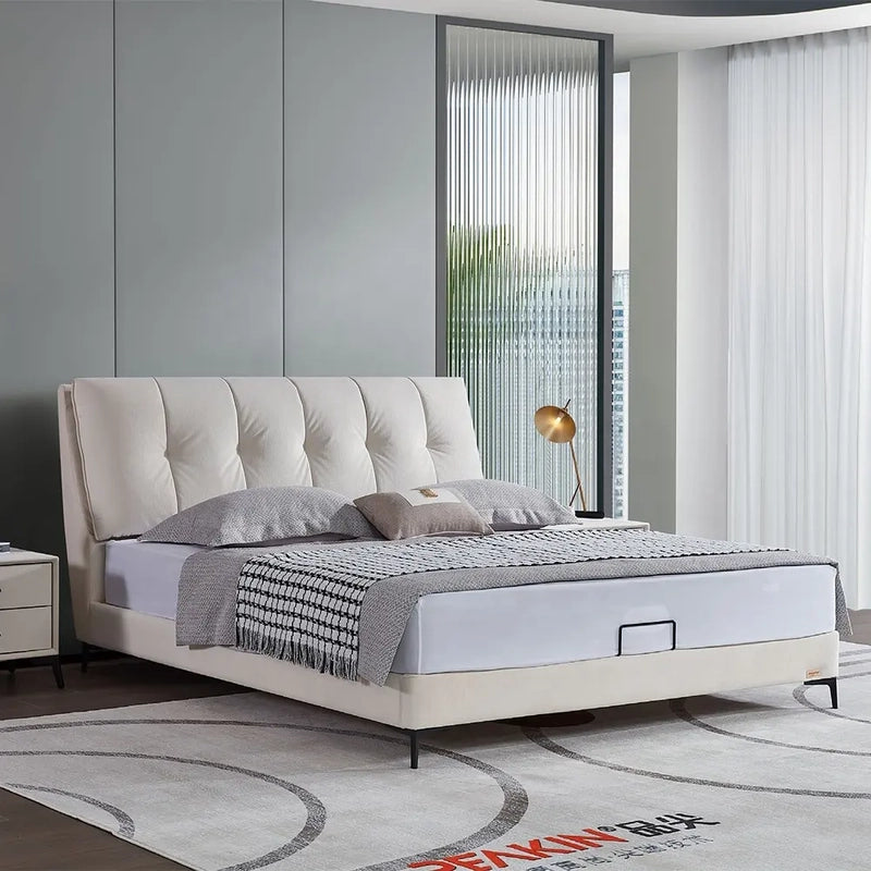 Freya bed for king size mattress with upholstered bed construction, master bedroom bed design and premium modern bed frame appeal