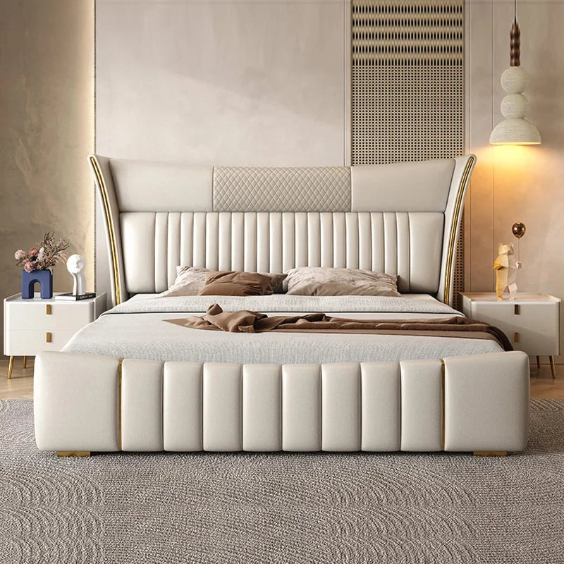 Shell bed for king size mattress with upholstered bed construction, gold trim accents, wingback headboard and elegant master bedroom bed design