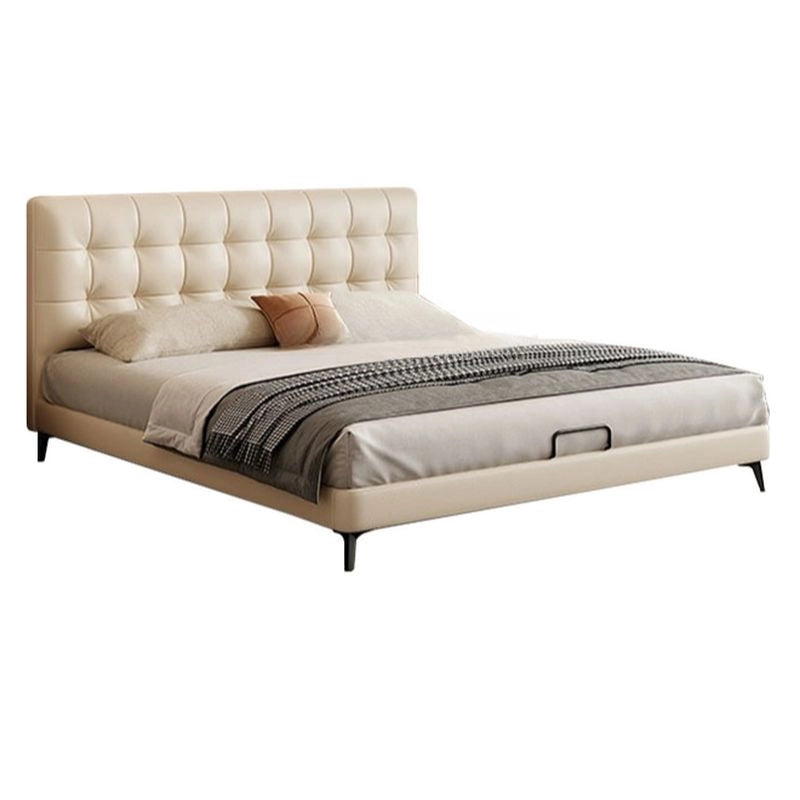 Moon bed for king size mattress with upholstered bed construction, master bedroom bed design, tapered black legs and premium cream leatherette finish